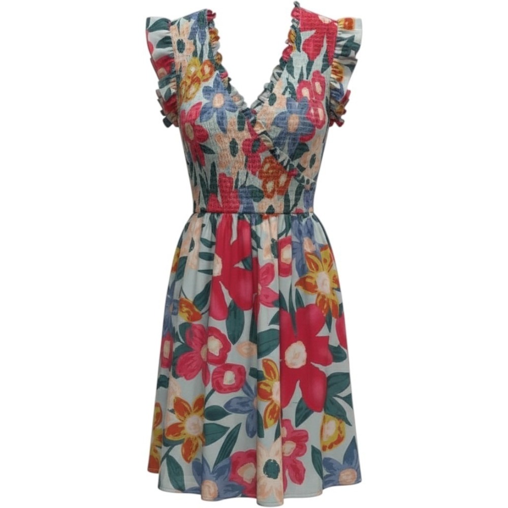 THML Floral Smocked Ruffle Sleeve V-Neck Mini Dress Multi Color